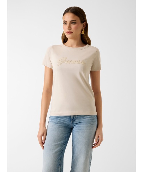 Guess(ゲス)の「Short Sleeves Crew Neck 3D GUESS Script Tee 半袖Tシャツ(Tシャツ/カットソー・レディース・ベージュ/ライトベージュ/ブラック・X-SMALL/SMALL/MEDIUM/LARGE)」の1枚目の写真