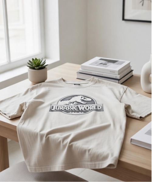 ALWAYS GOOD TIME（オルウェイズグッドタイム）の「【JURASSKPARK/ジュラシックパーク】ＵＳＤ加工プリント半袖Ｔシャツ/Movie Tee/ユニセックス（Tシャツ/カットソー・メンズ・ブラック系その他/アイボリー/ホワイト系その他/スミクロ・L/M/LL）」の2枚目の写真