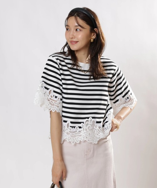 JUSGLITTY（ジャスグリッティー）の「レースヘムＴシャツニット（ニット/セーター・レディース・ライトブルー/ブラック系その他/ホワイト/グリーン系その他・2）」の10枚目の写真