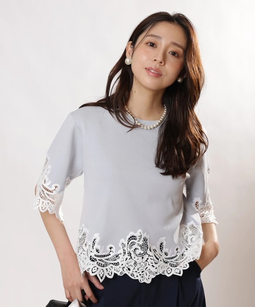JUSGLITTY（ジャスグリッティー）の「レースヘムＴシャツニット（ニット/セーター・レディース・ライトブルー/ブラック系その他/ホワイト/グリーン系その他・2）」の18枚目の写真