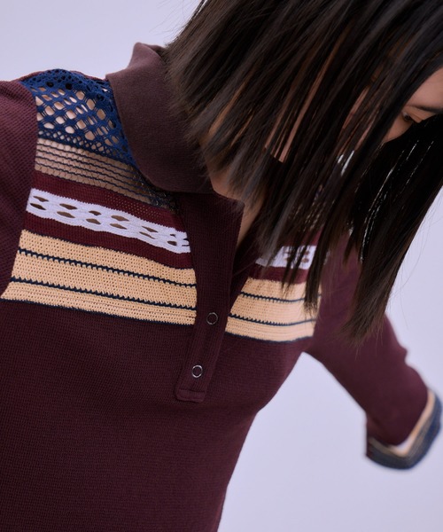THINGS THAT MATTER（シングス ザット マター）の「TORCHON LACE SWITCHING WAFFLE POLO / トーション レース スイッチング ワッフル ポロ（ポロシャツ・レディース・アイボリー/ブラック/ボルドー・FREE）」の9枚目の写真