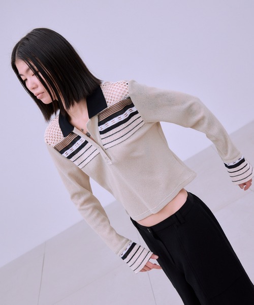 THINGS THAT MATTER（シングス ザット マター）の「TORCHON LACE SWITCHING WAFFLE POLO / トーション レース スイッチング ワッフル ポロ（ポロシャツ・レディース・アイボリー/ブラック/ボルドー・FREE）」の5枚目の写真