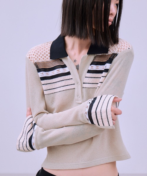 THINGS THAT MATTER（シングス ザット マター）の「TORCHON LACE SWITCHING WAFFLE POLO / トーション レース スイッチング ワッフル ポロ（ポロシャツ・レディース・アイボリー/ブラック/ボルドー・FREE）」の4枚目の写真