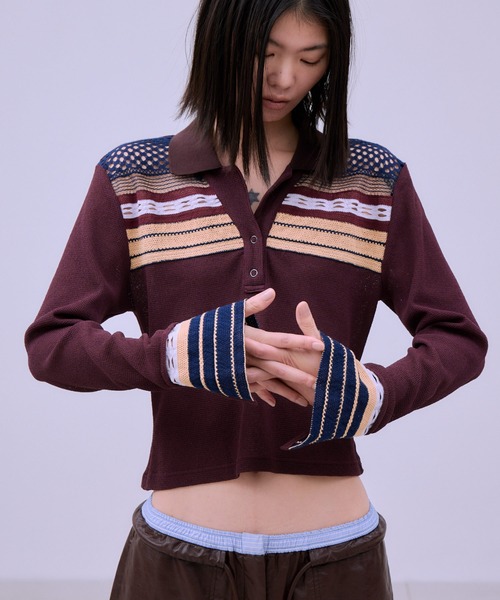 THINGS THAT MATTER（シングス ザット マター）の「TORCHON LACE SWITCHING WAFFLE POLO / トーション レース スイッチング ワッフル ポロ（ポロシャツ・レディース・アイボリー/ブラック/ボルドー・FREE）」の8枚目の写真