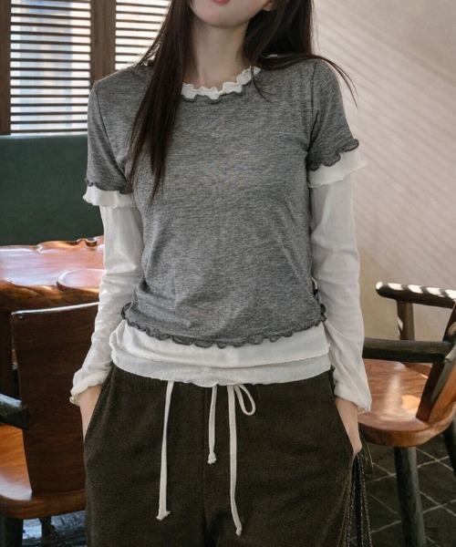 LADY LIKE（レディライク）の「【春夏新作】シアーTシャツ付きメローステッチトップス２点セット（Tシャツ/カットソー・レディース・グレー/サックスブルー/イエロー・M）」の2枚目の写真