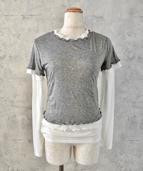 LADY LIKE（レディライク）の「【春夏新作】シアーTシャツ付きメローステッチトップス２点セット（Tシャツ/カットソー・レディース・グレー/サックスブルー/イエロー・M）」の6枚目の写真