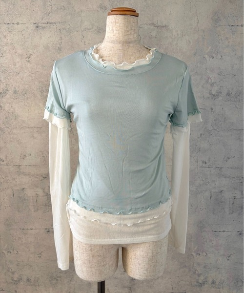LADY LIKE（レディライク）の「【春夏新作】シアーTシャツ付きメローステッチトップス２点セット（Tシャツ/カットソー・レディース・グレー/サックスブルー/イエロー・M）」の7枚目の写真