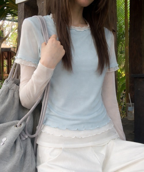 LADY LIKE（レディライク）の「【春夏新作】シアーTシャツ付きメローステッチトップス２点セット（Tシャツ/カットソー・レディース・グレー/サックスブルー/イエロー・M）」の4枚目の写真