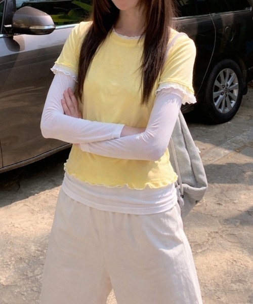LADY LIKE（レディライク）の「【春夏新作】シアーTシャツ付きメローステッチトップス２点セット（Tシャツ/カットソー・レディース・グレー/サックスブルー/イエロー・M）」の5枚目の写真
