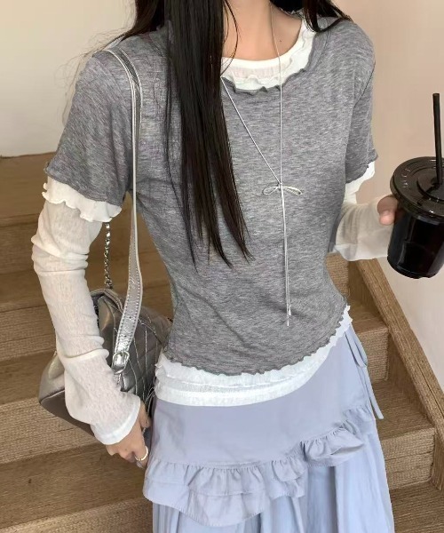 LADY LIKE（レディライク）の「【春夏新作】シアーTシャツ付きメローステッチトップス２点セット（Tシャツ/カットソー・レディース・グレー/サックスブルー/イエロー・M）」の14枚目の写真