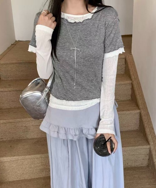 LADY LIKE（レディライク）の「【春夏新作】シアーTシャツ付きメローステッチトップス２点セット（Tシャツ/カットソー・レディース・グレー/サックスブルー/イエロー・M）」の15枚目の写真