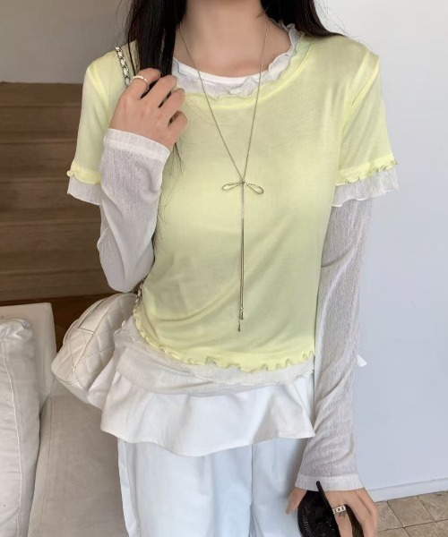 LADY LIKE（レディライク）の「【春夏新作】シアーTシャツ付きメローステッチトップス２点セット（Tシャツ/カットソー・レディース・グレー/サックスブルー/イエロー・M）」の18枚目の写真