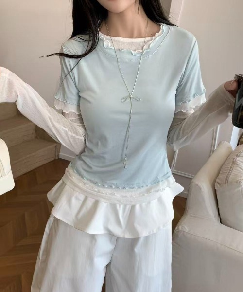 LADY LIKE（レディライク）の「【春夏新作】シアーTシャツ付きメローステッチトップス２点セット（Tシャツ/カットソー・レディース・グレー/サックスブルー/イエロー・M）」の21枚目の写真