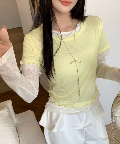 LADY LIKE（レディライク）の「【春夏新作】シアーTシャツ付きメローステッチトップス２点セット（Tシャツ/カットソー・レディース・グレー/サックスブルー/イエロー・M）」の16枚目の写真