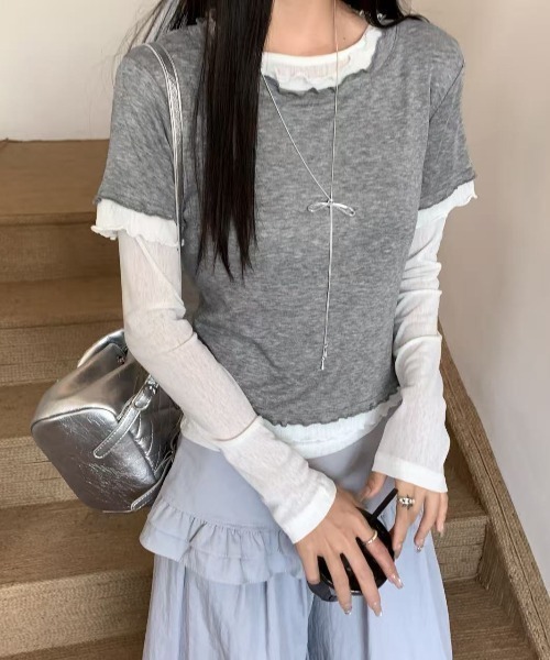 LADY LIKE（レディライク）の「【春夏新作】シアーTシャツ付きメローステッチトップス２点セット（Tシャツ/カットソー・レディース・グレー/サックスブルー/イエロー・M）」の12枚目の写真