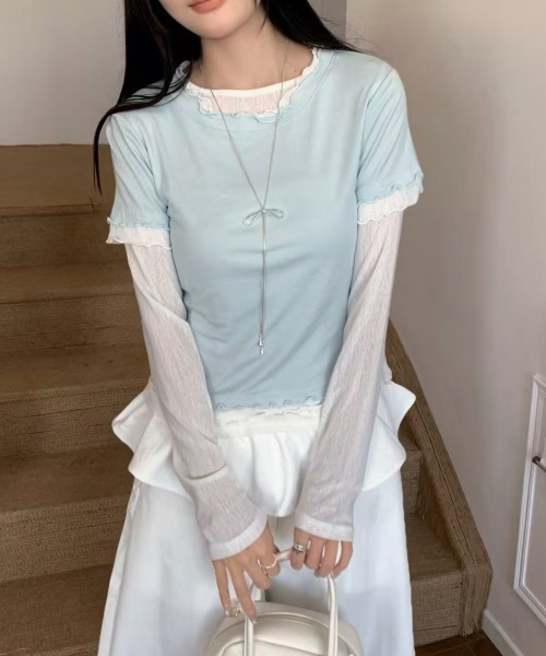 LADY LIKE（レディライク）の「【春夏新作】シアーTシャツ付きメローステッチトップス２点セット（Tシャツ/カットソー・レディース・グレー/サックスブルー/イエロー・M）」の20枚目の写真