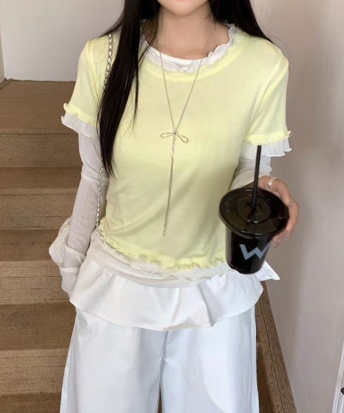 LADY LIKE（レディライク）の「【春夏新作】シアーTシャツ付きメローステッチトップス２点セット（Tシャツ/カットソー・レディース・グレー/サックスブルー/イエロー・M）」の17枚目の写真