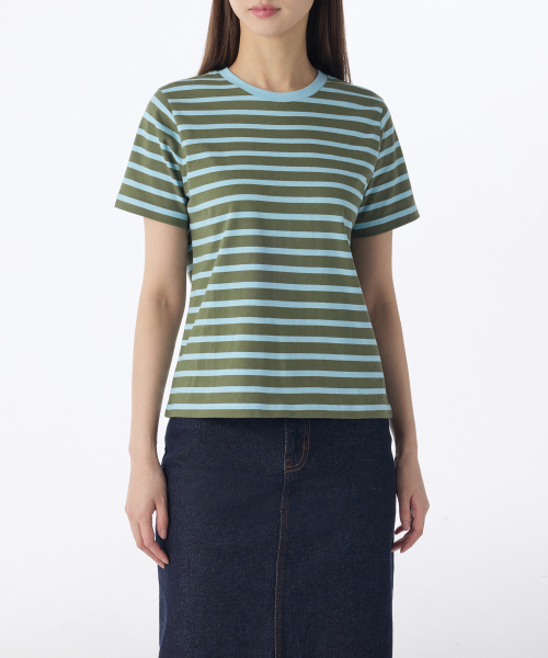MUSINSA STANDARD WOMAN（ムシンサスタンダードウーマン）の「ウィメンズブレトンストライプクルーネックTシャツ[カーキ/スカイブルー]（Tシャツ/カットソー・レディース・その他・LARGE/SMALL/MEDIUM/X-SMALL）」の3枚目の写真