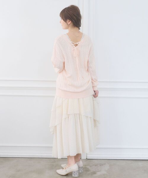 MAJESTIC LEGON（マジェスティックレゴン）の「レースアップスカシ柄ミディカーデ（カーディガン/ボレロ・レディース・ピンク/ライトグリーン/オフホワイト/ブルー・MEDIUM）」の7枚目の写真