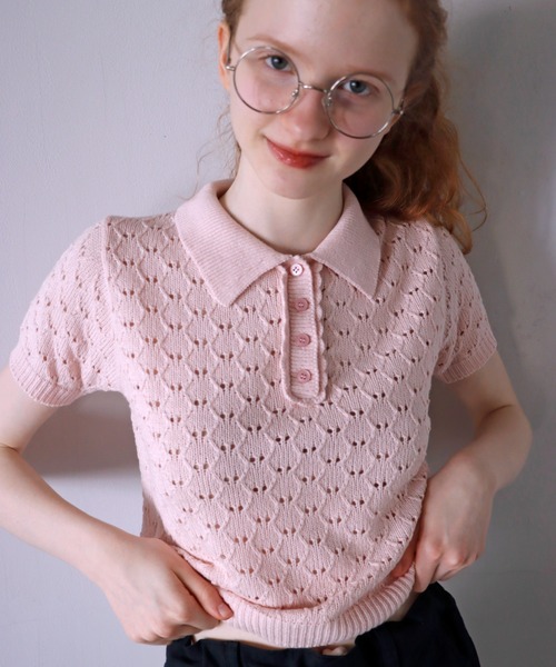 mieya mieya(ミーヤミーヤ)の「【mieya mieya】LYC EENNE KNIT POLO/リセエンヌニットポロ(ポロシャツ・レディース・ピンク/ホワイト/スカイブルー/ネイビー・FREE)」の4枚目の写真