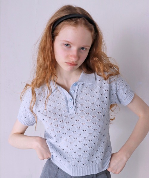 mieya mieya(ミーヤミーヤ)の「【mieya mieya】LYC EENNE KNIT POLO/リセエンヌニットポロ(ポロシャツ・レディース・ピンク/ホワイト/スカイブルー/ネイビー・FREE)」の2枚目の写真