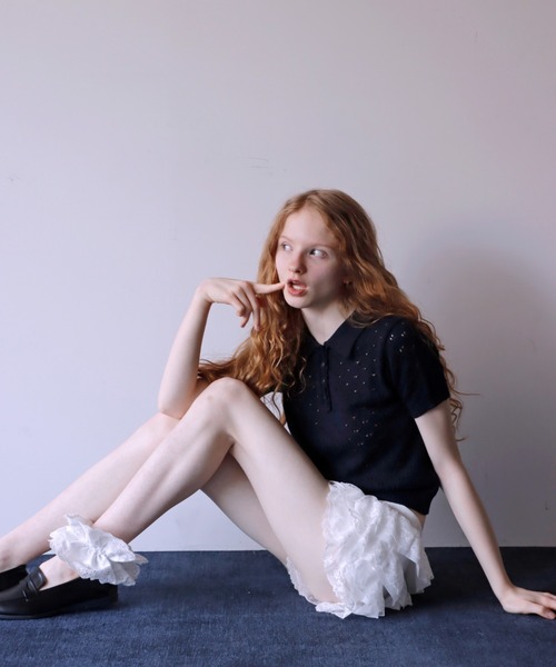 mieya mieya(ミーヤミーヤ)の「【mieya mieya】LYC EENNE KNIT POLO/リセエンヌニットポロ(ポロシャツ・レディース・ピンク/ホワイト/スカイブルー/ネイビー・FREE)」の6枚目の写真