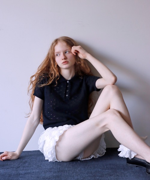 mieya mieya(ミーヤミーヤ)の「【mieya mieya】LYC EENNE KNIT POLO/リセエンヌニットポロ(ポロシャツ・レディース・ピンク/ホワイト/スカイブルー/ネイビー・FREE)」の7枚目の写真