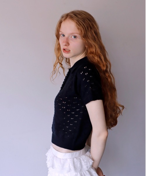 mieya mieya(ミーヤミーヤ)の「【mieya mieya】LYC EENNE KNIT POLO/リセエンヌニットポロ(ポロシャツ・レディース・ピンク/ホワイト/スカイブルー/ネイビー・FREE)」の8枚目の写真