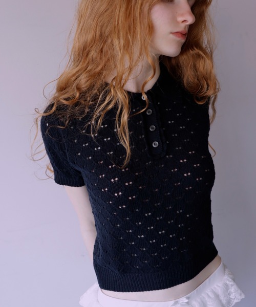 mieya mieya(ミーヤミーヤ)の「【mieya mieya】LYC EENNE KNIT POLO/リセエンヌニットポロ(ポロシャツ・レディース・ピンク/ホワイト/スカイブルー/ネイビー・FREE)」の9枚目の写真