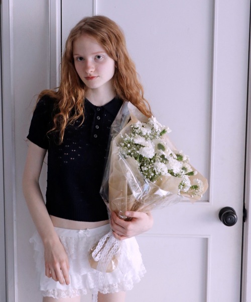 mieya mieya(ミーヤミーヤ)の「【mieya mieya】LYC EENNE KNIT POLO/リセエンヌニットポロ(ポロシャツ・レディース・ピンク/ホワイト/スカイブルー/ネイビー・FREE)」の12枚目の写真