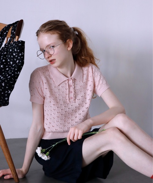 mieya mieya(ミーヤミーヤ)の「【mieya mieya】LYC EENNE KNIT POLO/リセエンヌニットポロ(ポロシャツ・レディース・ピンク/ホワイト/スカイブルー/ネイビー・FREE)」の16枚目の写真