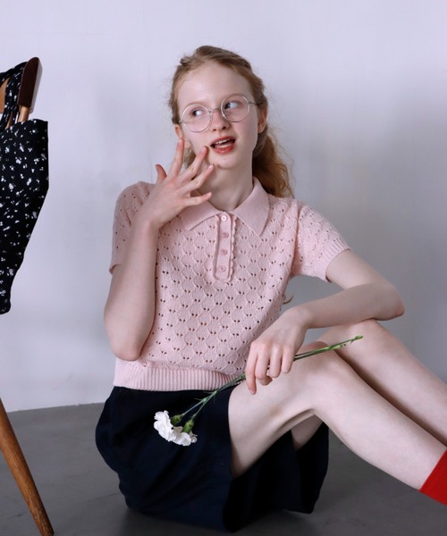 mieya mieya(ミーヤミーヤ)の「【mieya mieya】LYC EENNE KNIT POLO/リセエンヌニットポロ(ポロシャツ・レディース・ピンク/ホワイト/スカイブルー/ネイビー・FREE)」の17枚目の写真