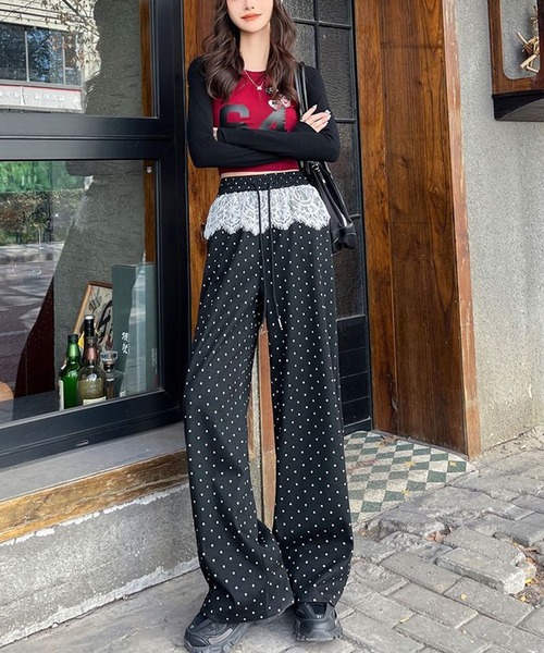 Nia(ニア)の「Nia(ニア)/レース付きドット柄スウェット(スウェットパンツ・レディース・ブラック/グレー・MEDIUM/SMALL)」の9枚目の写真