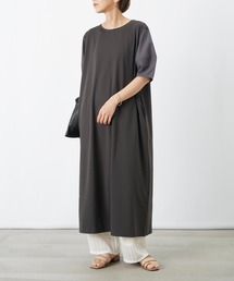 LC/LLL 袖異素材綿タッチ天竺5分袖ワンピース