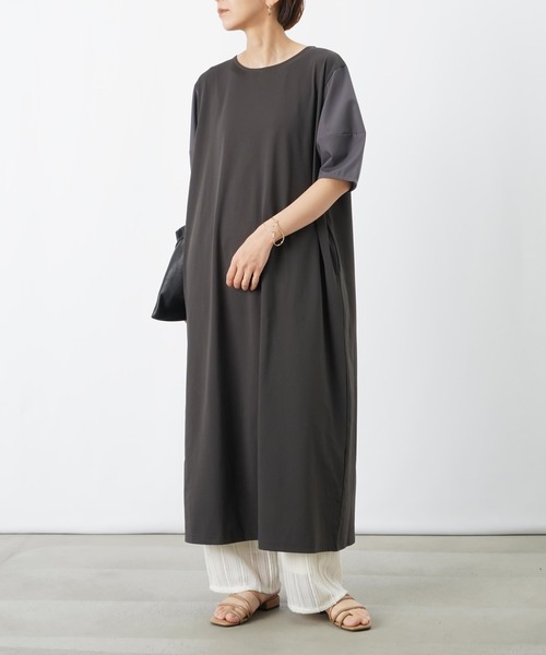 セール】LC/LLL 袖異素材綿タッチ天竺5分袖ワンピース（ワンピース