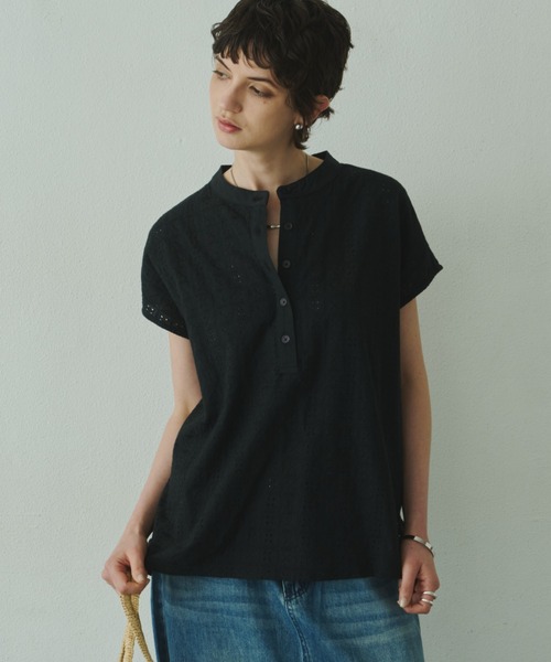 Plumel(プルメル)の「embroidery Lace French Tops / エンブロイダリーレースフレンチトップス(Tシャツ/カットソー・レディース・ブラウン/ブラック/オフホワイト・MEDIUM)」の1枚目の写真