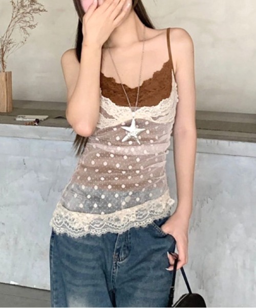 SHEENA(シーナ)の「【カップ付き】レイヤードライクドットレースキャミソール(キャミソール・レディース・ベージュ・M)」の6枚目の写真