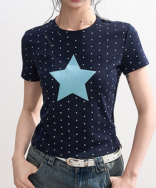 Girly Doll(ガーリードール)の「ミニドット×スターTシャツ(Tシャツ/カットソー・レディース・ネイビー/オフホワイト・F)」の1枚目の写真