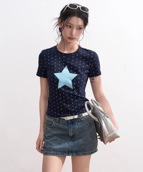Girly Doll(ガーリードール)の「ミニドット×スターTシャツ(Tシャツ/カットソー・レディース・ネイビー/オフホワイト・F)」の3枚目の写真