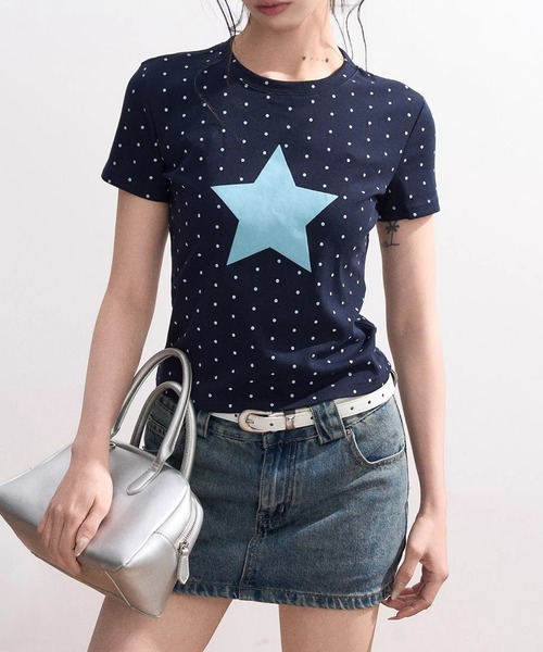 Girly Doll(ガーリードール)の「ミニドット×スターTシャツ(Tシャツ/カットソー・レディース・ネイビー/オフホワイト・F)」の4枚目の写真