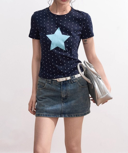 Girly Doll(ガーリードール)の「ミニドット×スターTシャツ(Tシャツ/カットソー・レディース・ネイビー/オフホワイト・F)」の5枚目の写真