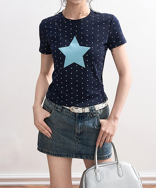 Girly Doll(ガーリードール)の「ミニドット×スターTシャツ(Tシャツ/カットソー・レディース・ネイビー/オフホワイト・F)」の6枚目の写真