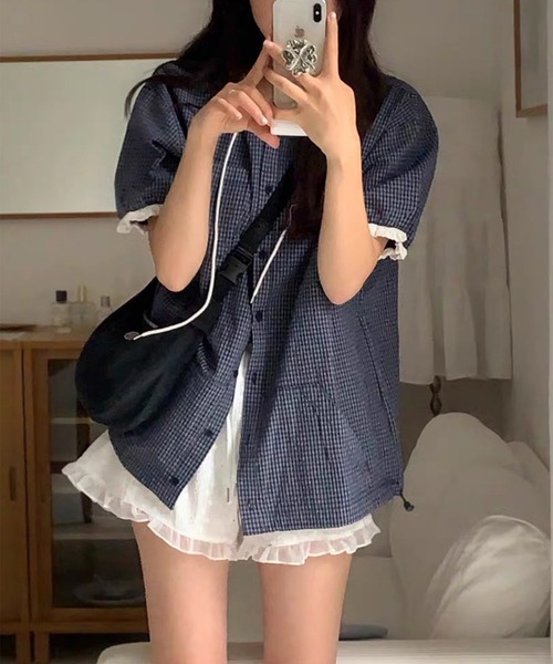 LYEON（リヨン）の「サッカーギンガムチェックフード付き半袖シャツ（シャツ/ブラウス・レディース・ネイビー/ブルー・FREE）」の21枚目の写真
