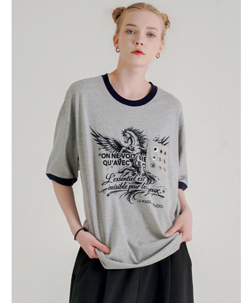 FABULOUS ARCHIVE(ファビュラスアーカイブ)の「ペガサスアイレットポケットリンガー半袖Tシャツメラングレーブラック(FCG2TS813M)(Tシャツ/カットソー・レディース・ライトグレー・MEDIUM/LARGE)」の3枚目の写真