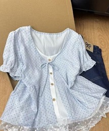 ドット柄 フロントリボン レーストリム フェイクレイヤード シフォントップス