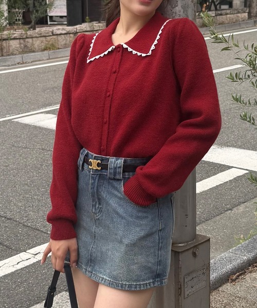 junoah(ジュノア)の「襟レース付きニットカーディガン(カーディガン/ボレロ・レディース・ブラック/チャコール/レッド・LARGE/MEDIUM)」の3枚目の写真
