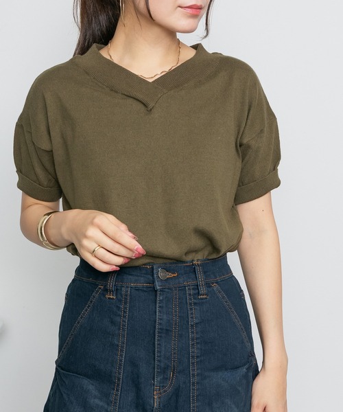 ElegChic(エレグシック)の「Vネックドルマン半袖綿ニット(ニット/セーター・レディース・カーキ/ブラック/オフホワイト/ライトグレー/ネイビー/グレイッシュベージュ・XL/4L/M)」の6枚目の写真
