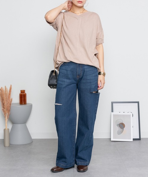 ElegChic(エレグシック)の「Vネックドルマン半袖綿ニット(ニット/セーター・レディース・カーキ/ブラック/オフホワイト/ライトグレー/ネイビー/グレイッシュベージュ・XL/4L/M)」の5枚目の写真