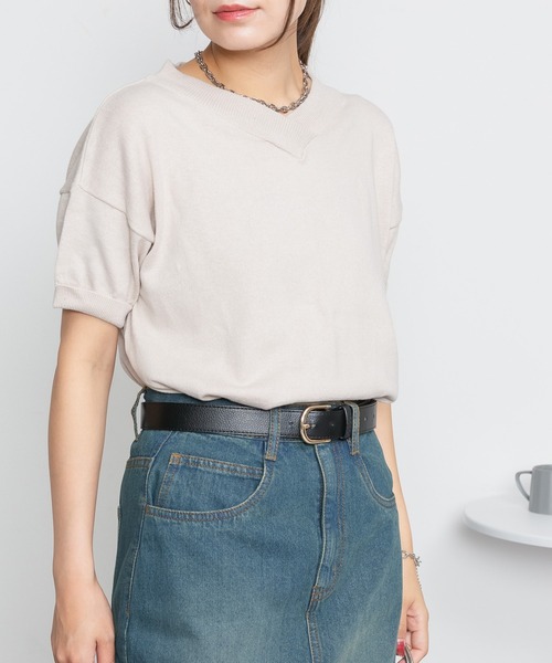 ElegChic(エレグシック)の「Vネックドルマン半袖綿ニット(ニット/セーター・レディース・カーキ/ブラック/オフホワイト/ライトグレー/ネイビー/グレイッシュベージュ・XL/4L/M)」の4枚目の写真