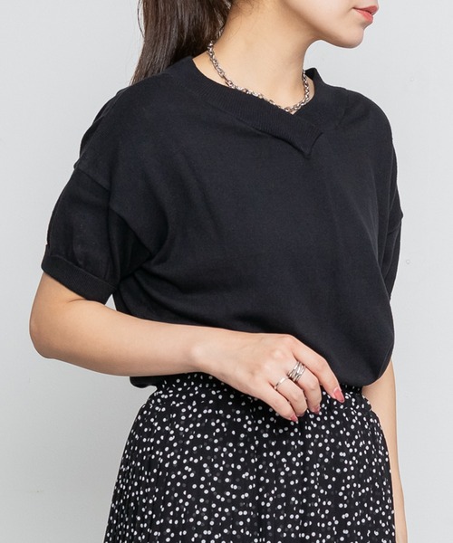 ElegChic(エレグシック)の「Vネックドルマン半袖綿ニット(ニット/セーター・レディース・カーキ/ブラック/オフホワイト/ライトグレー/ネイビー/グレイッシュベージュ・XL/4L/M)」の3枚目の写真